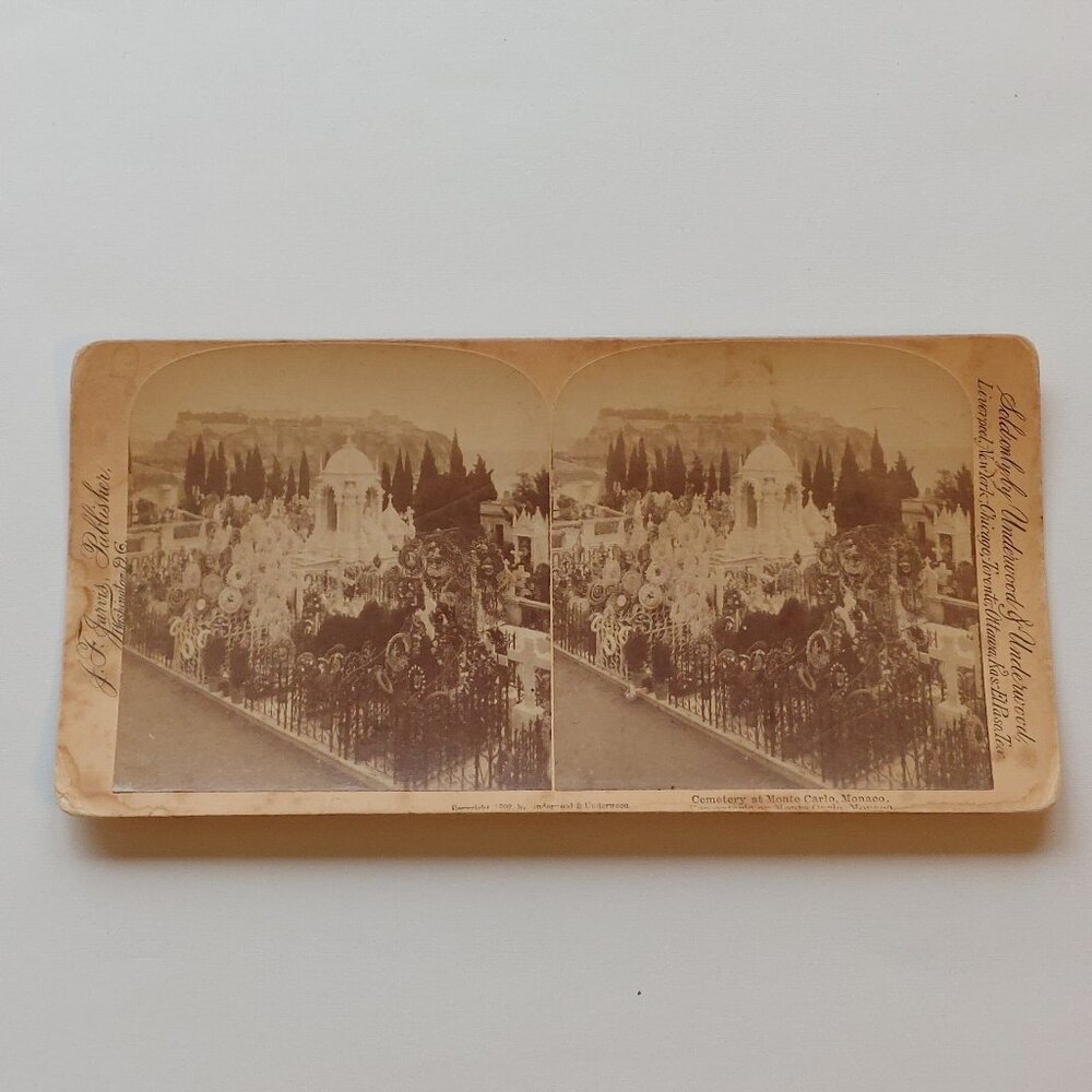 ANTIQUE STEREOGRAPH Card Cemetery at Monte Carlo, Monaco